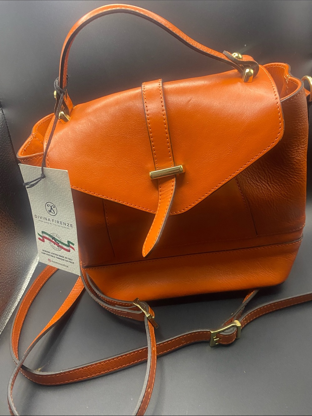 Orange Leather Top-Handle Crossbody Bag